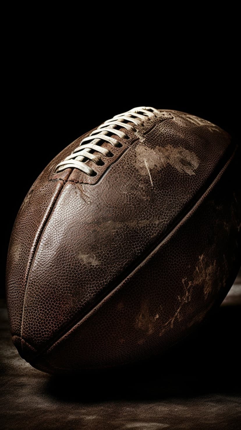 Vintage leather football with scuff marks and white laces resting on a dark, textured stone background.