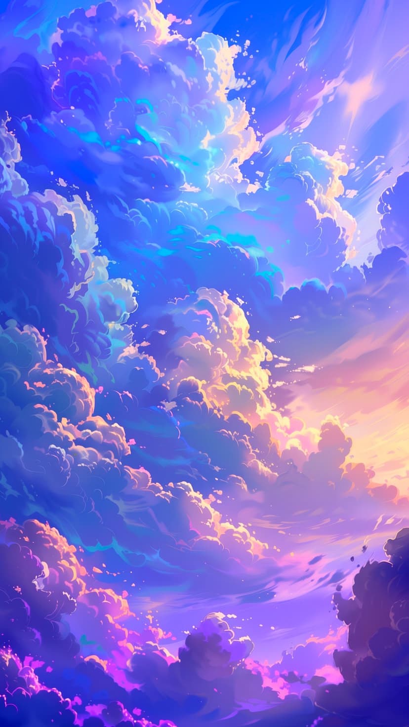 Pastel pink and blue clouds swirl across a vibrant twilight sky in a vertical anime-inspired composition.