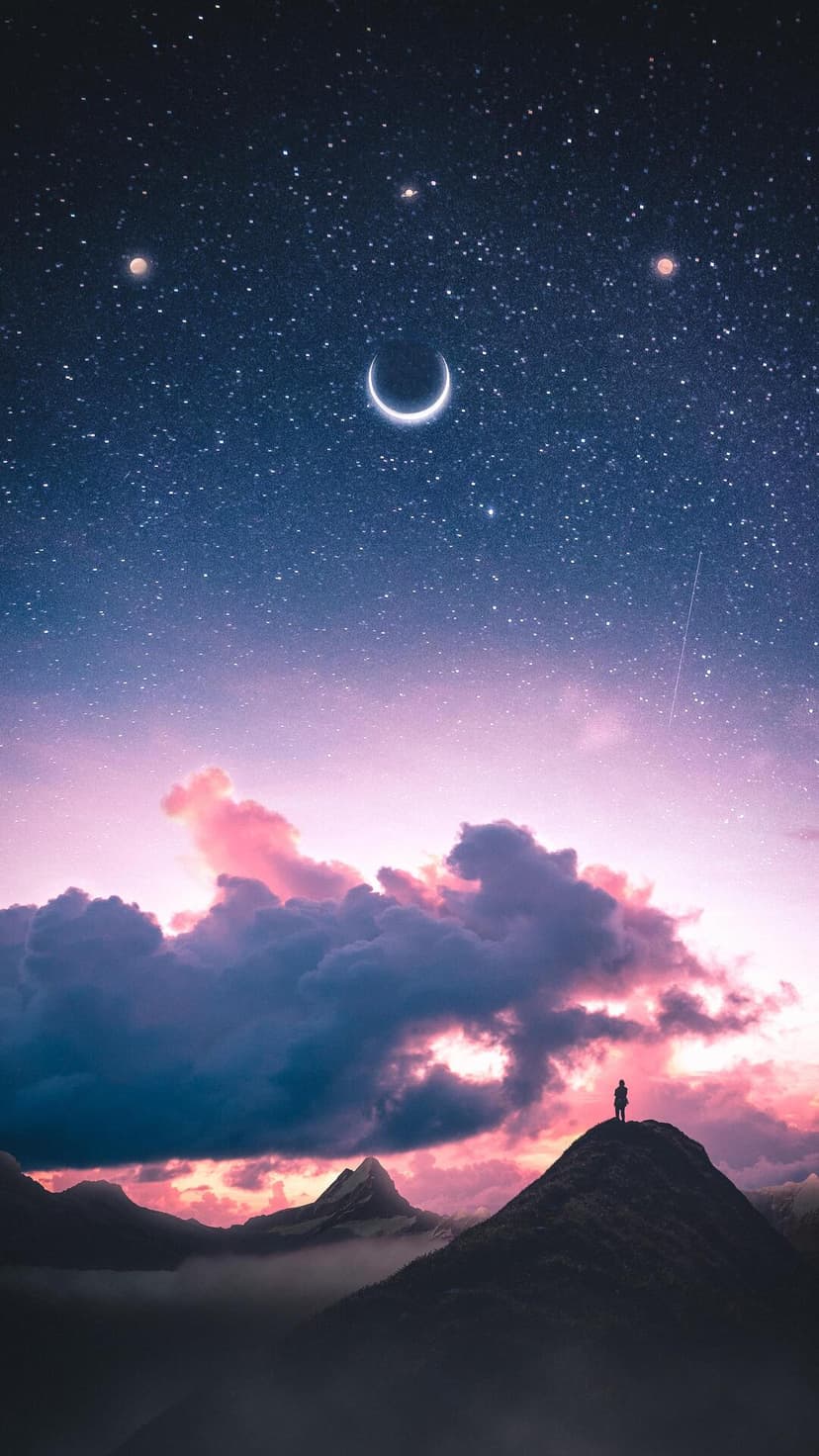 Silhouette of a person standing on a rugged summit under a starry sky with pink clouds and a crescent moon.