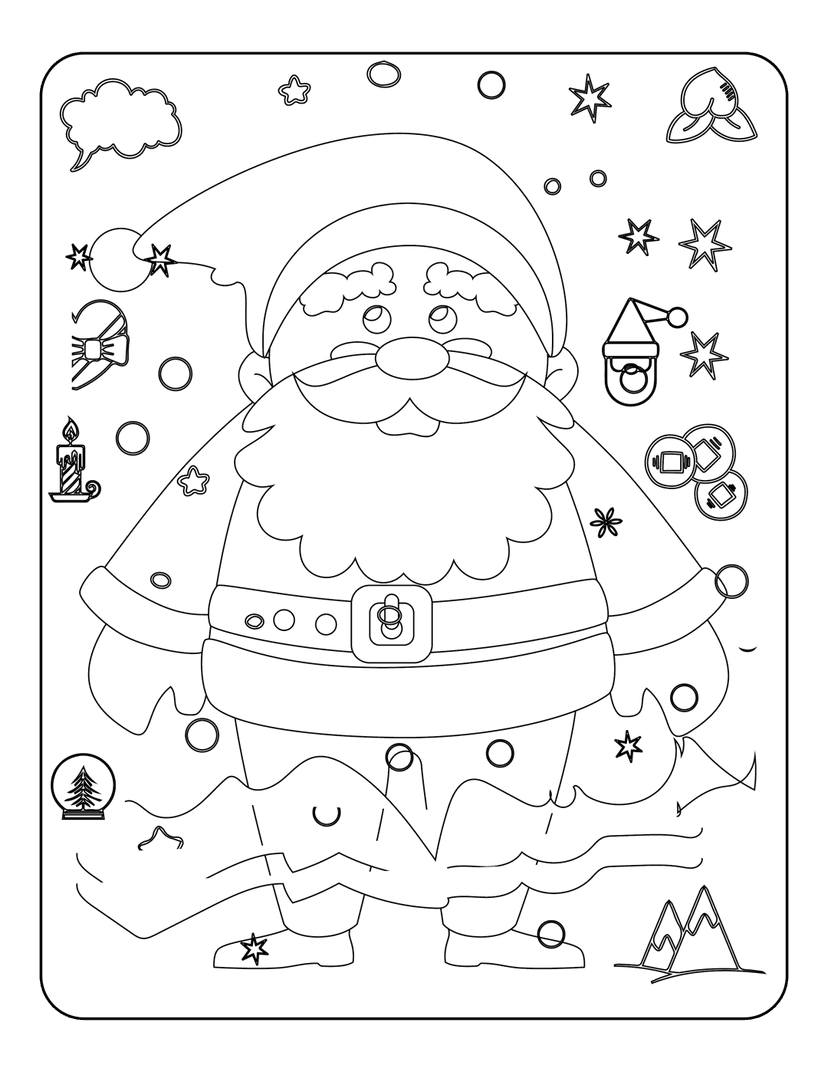 Santa Claus coloring page featuring a bearded man, candle, stars, and a Christmas tree within a snow globe.