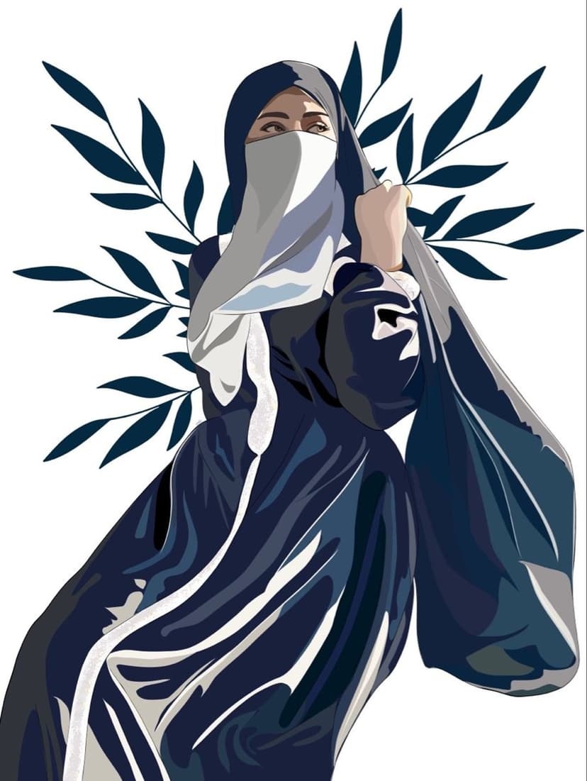 Woman wearing a white niqab and dark blue hijab stands against a background of stylized navy botanical leaves.