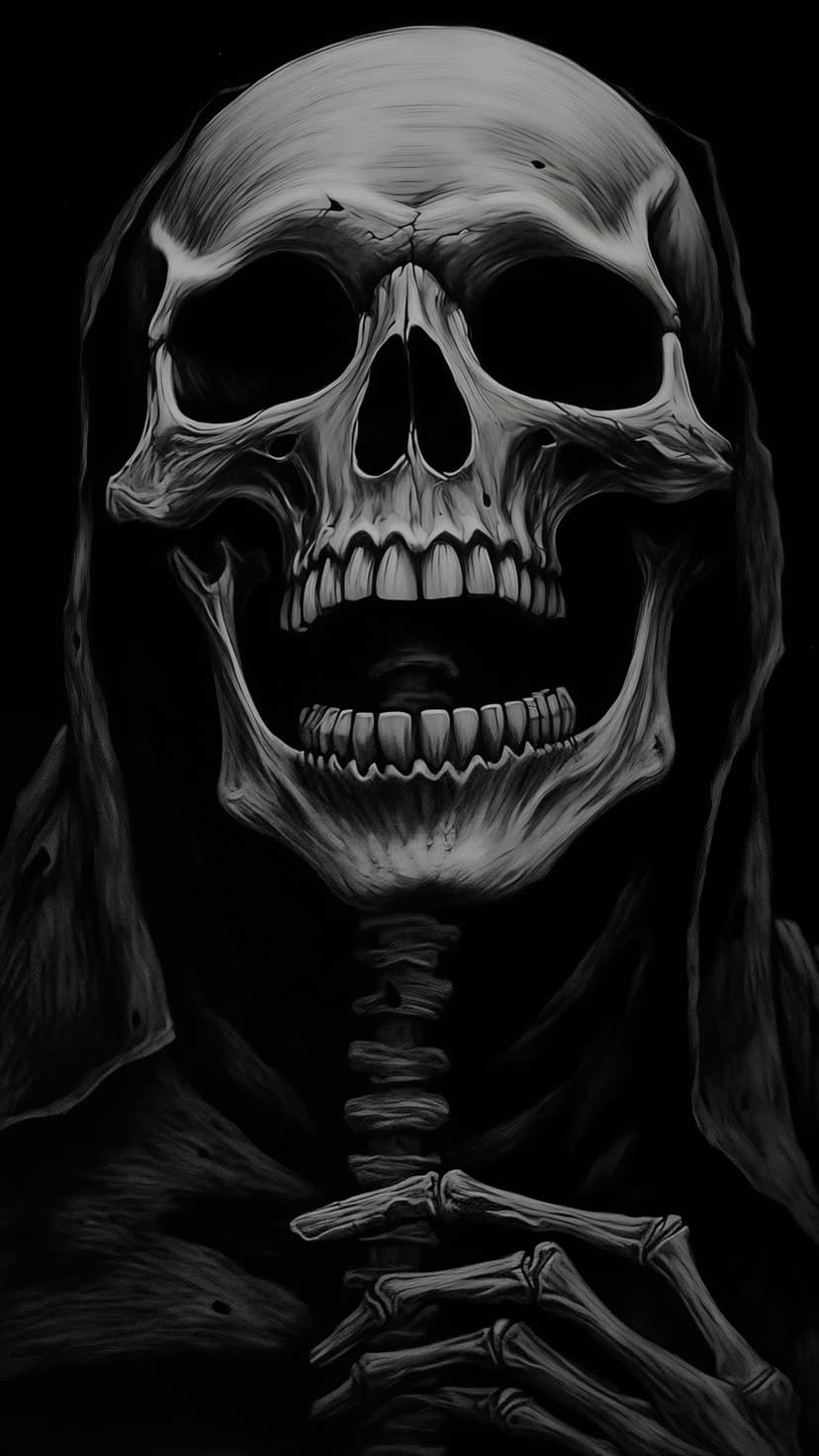 Grim reaper skull with an open jaw and sharp teeth framed by skeletal hands and dark flowing robes.