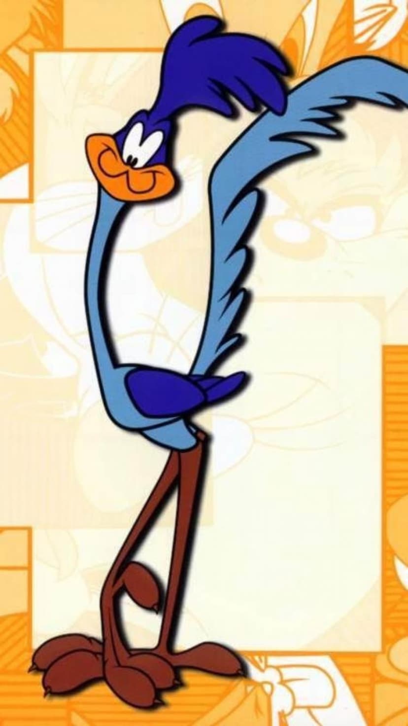 Road Runner bird with blue feathers and orange legs stands against an orange backdrop with faded character outlines.