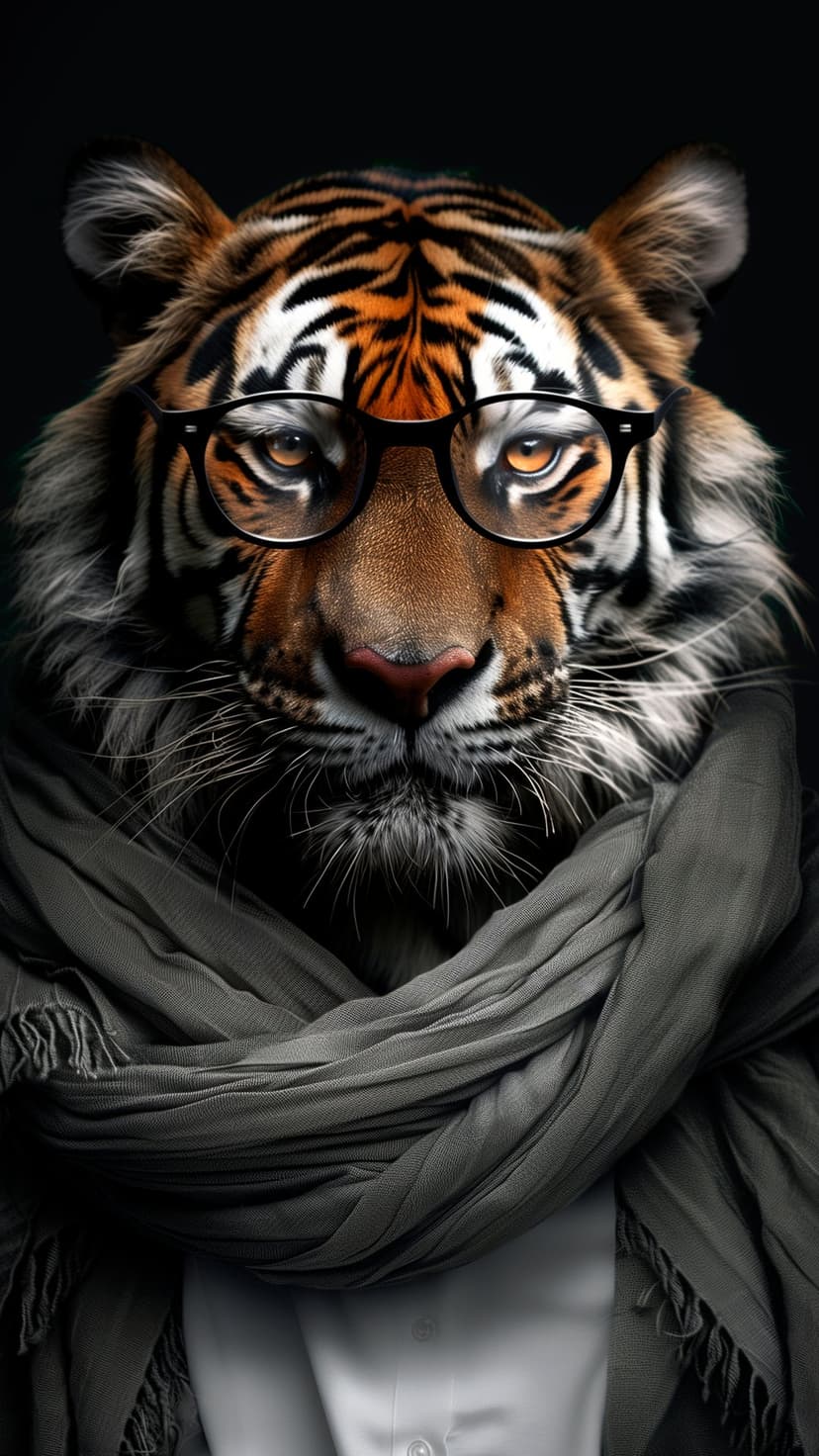 Tiger wearing black-rimmed glasses and a grey scarf stares forward with intense eyes against a dark background.