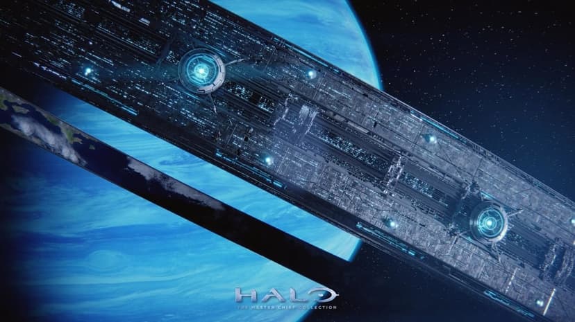 Massive Halo ring structure with glowing blue lights orbiting a large blue gas giant in deep space.