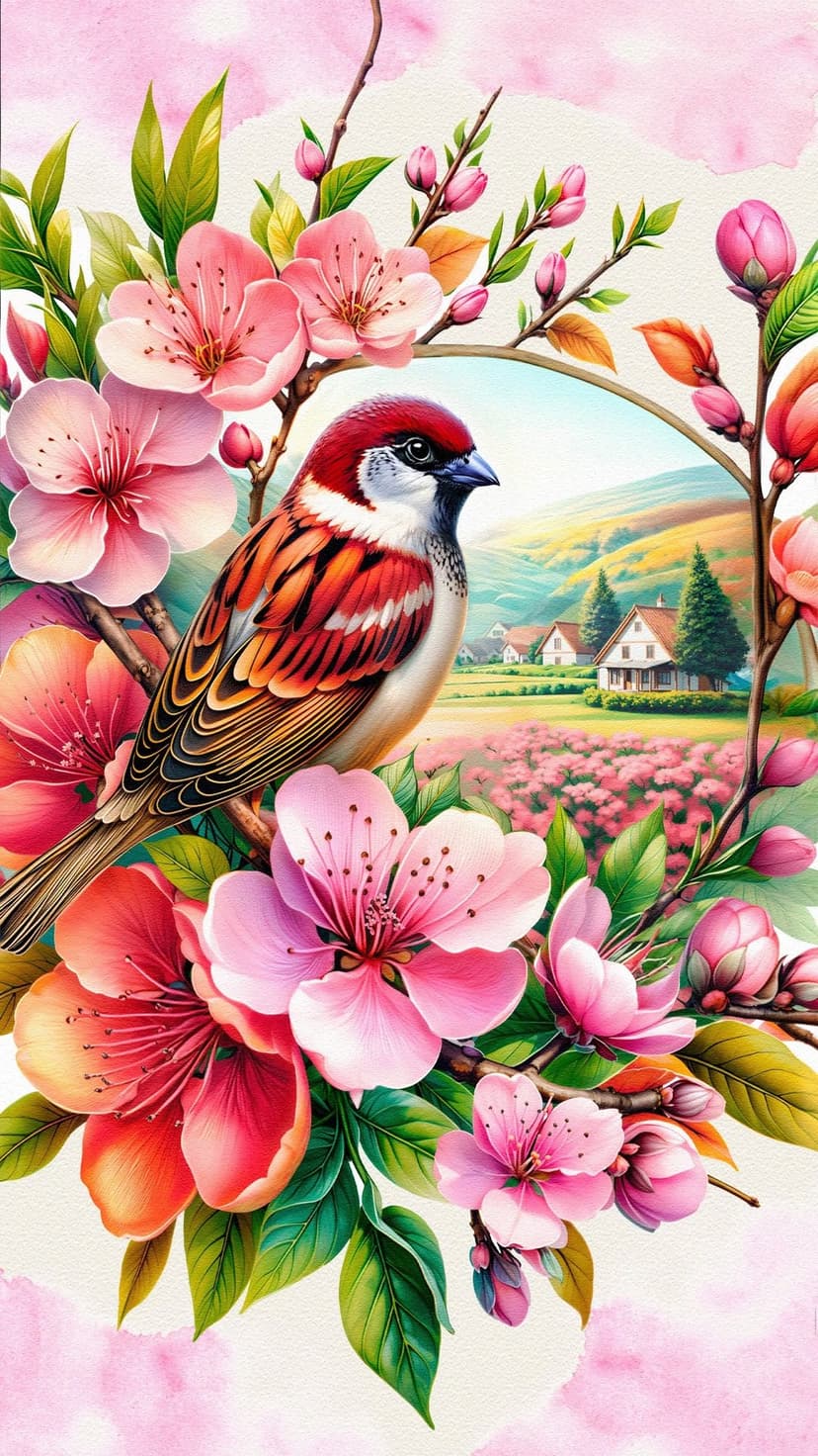 Sparrow perches on a blooming cherry blossom branch overlooking a landscape of hills, houses, and flower fields.