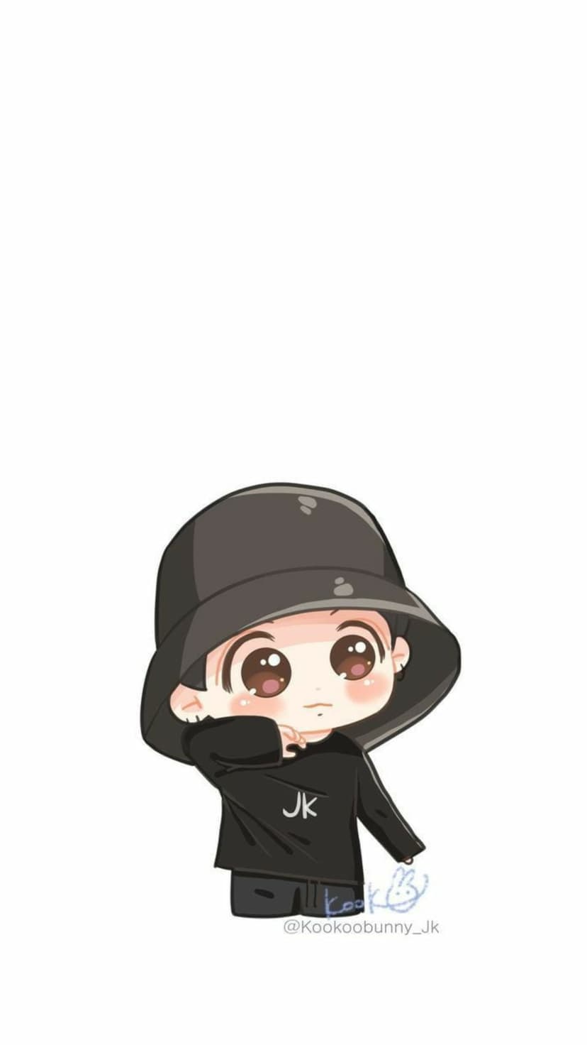Jungkook chibi character wearing a black bucket hat and hoodie with a hand on his face against a white background