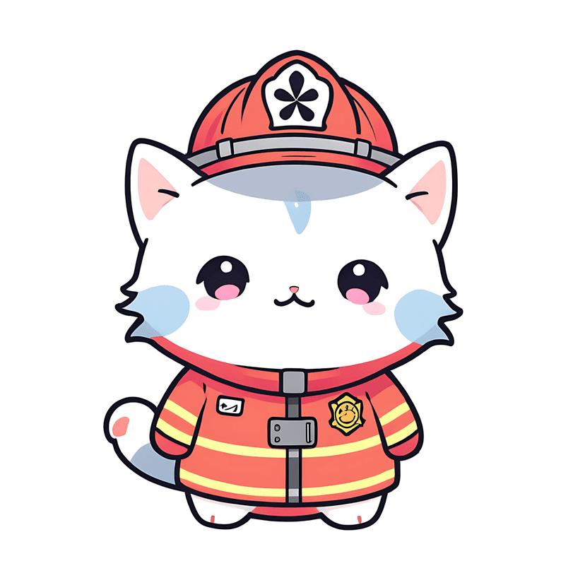 White kitten firefighter wearing red helmet and uniform with yellow badge details in a front-facing pose.