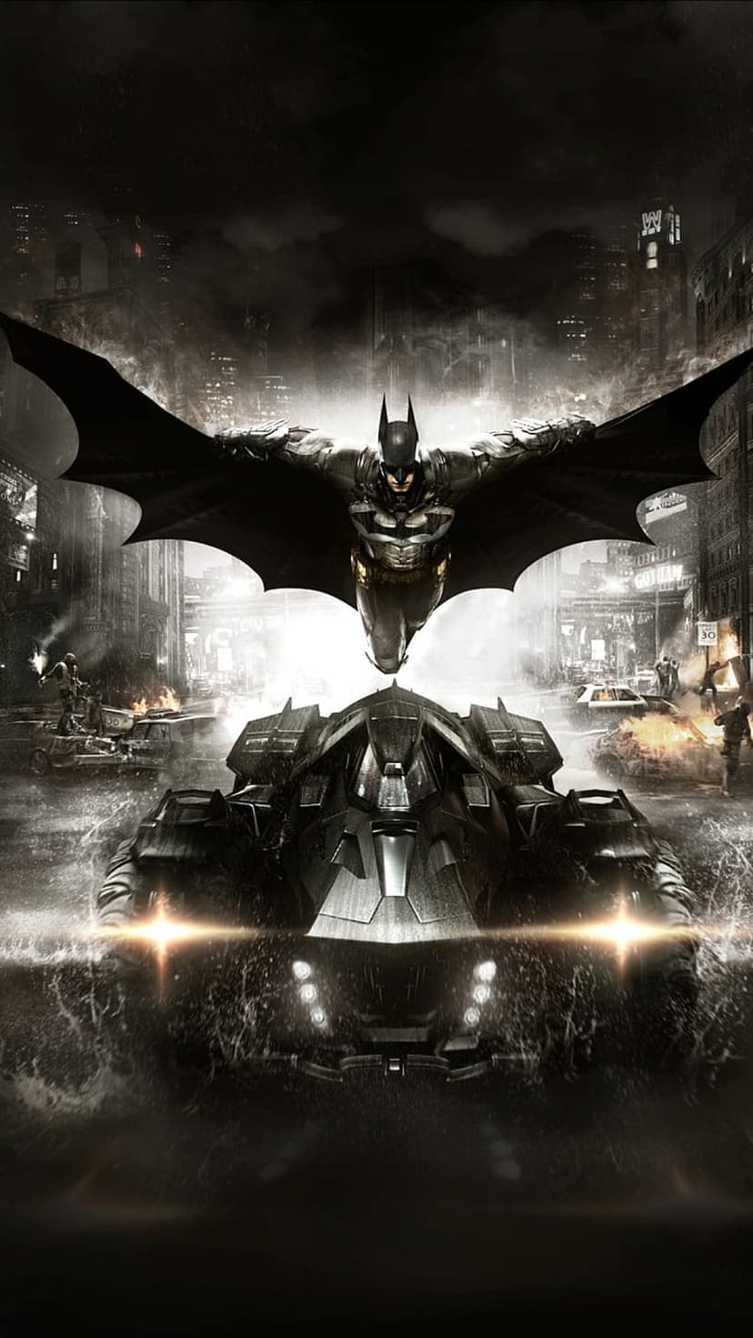 Batman glides with a spread cape over an armored Batmobile on a rainy Gotham street under the glowing Bat-Signal.