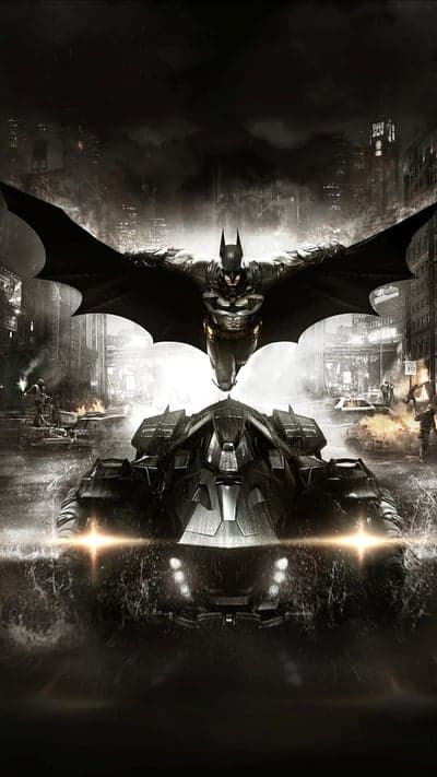 Batman Gliding Over Batmobile in Gotham City