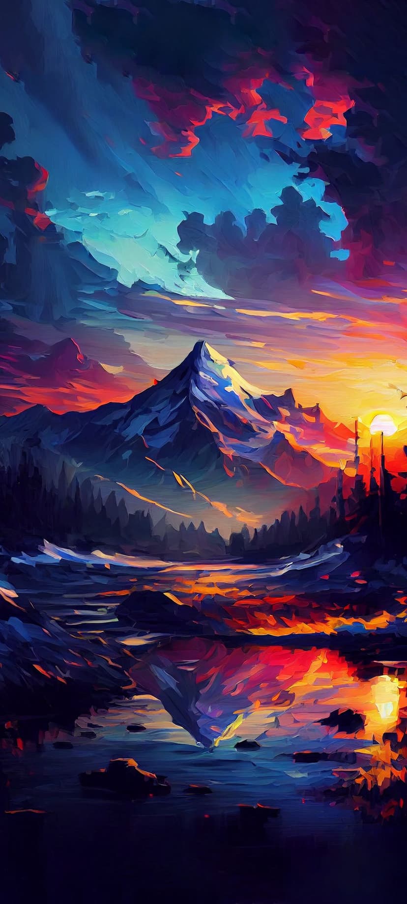 Jagged mountain peak glows orange above a reflective lake and dark pine tree silhouettes during a fiery sunset.