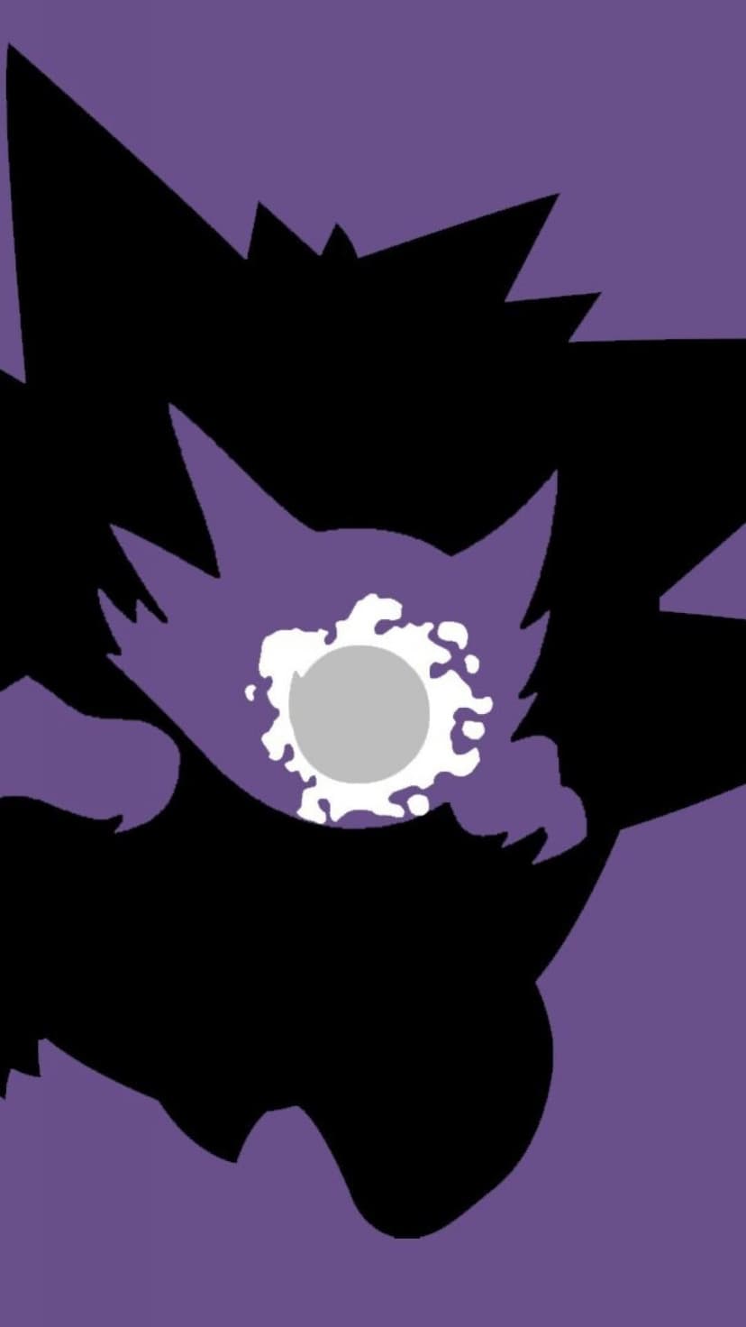 Spiky Gengar silhouette charging a glowing white and grey energy orb centered on a solid purple background.