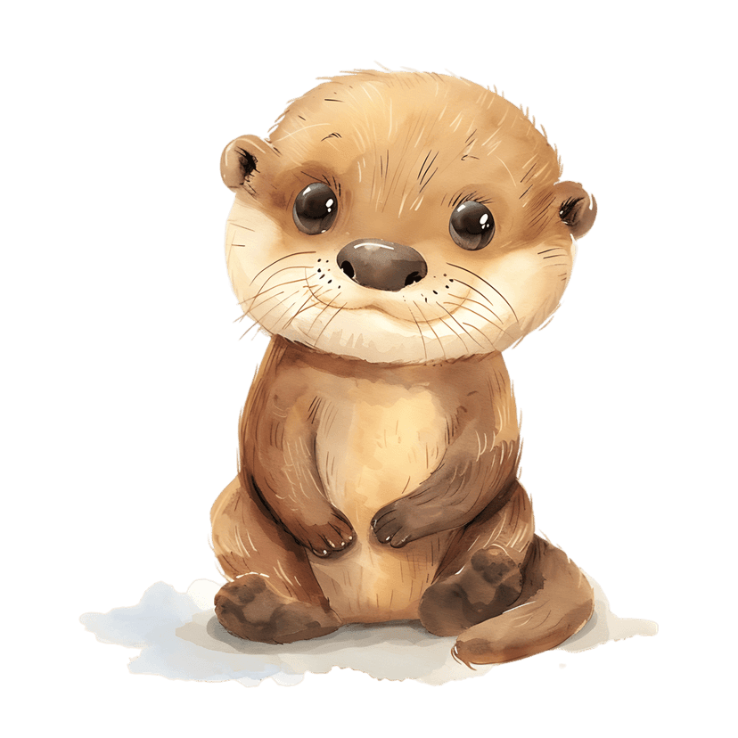 Watercolor otter pup with brown fur and whiskers sitting on a fluffy white base against a solid black background.