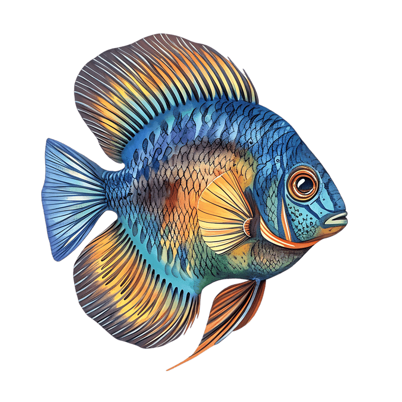Tropical fish watercolor painting featuring vibrant orange and blue fins isolated against a solid black background.
