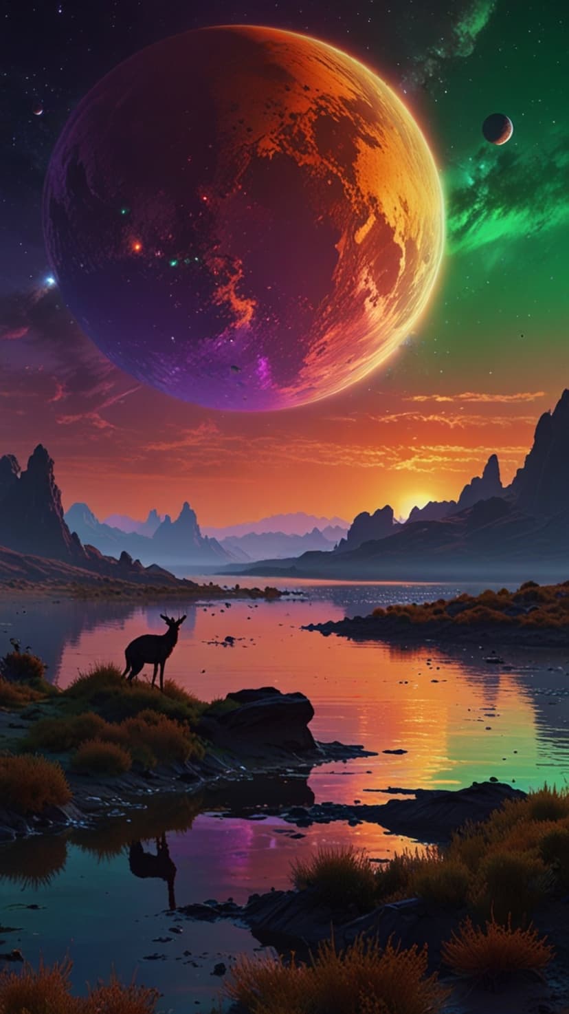 Deer silhouette stands by a lake reflecting a massive multi-colored planet and jagged mountain peaks.