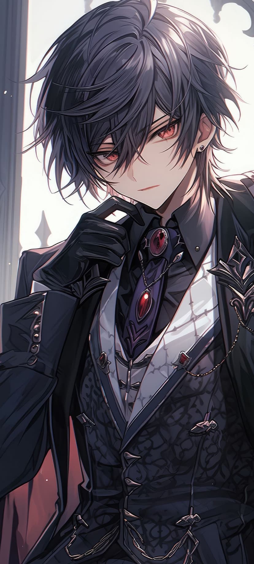 Pale anime man with messy black hair, glowing red eyes, and a dark three-piece suit wearing black leather gloves.