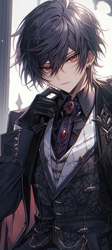 Anime man in dark suit with red eyes