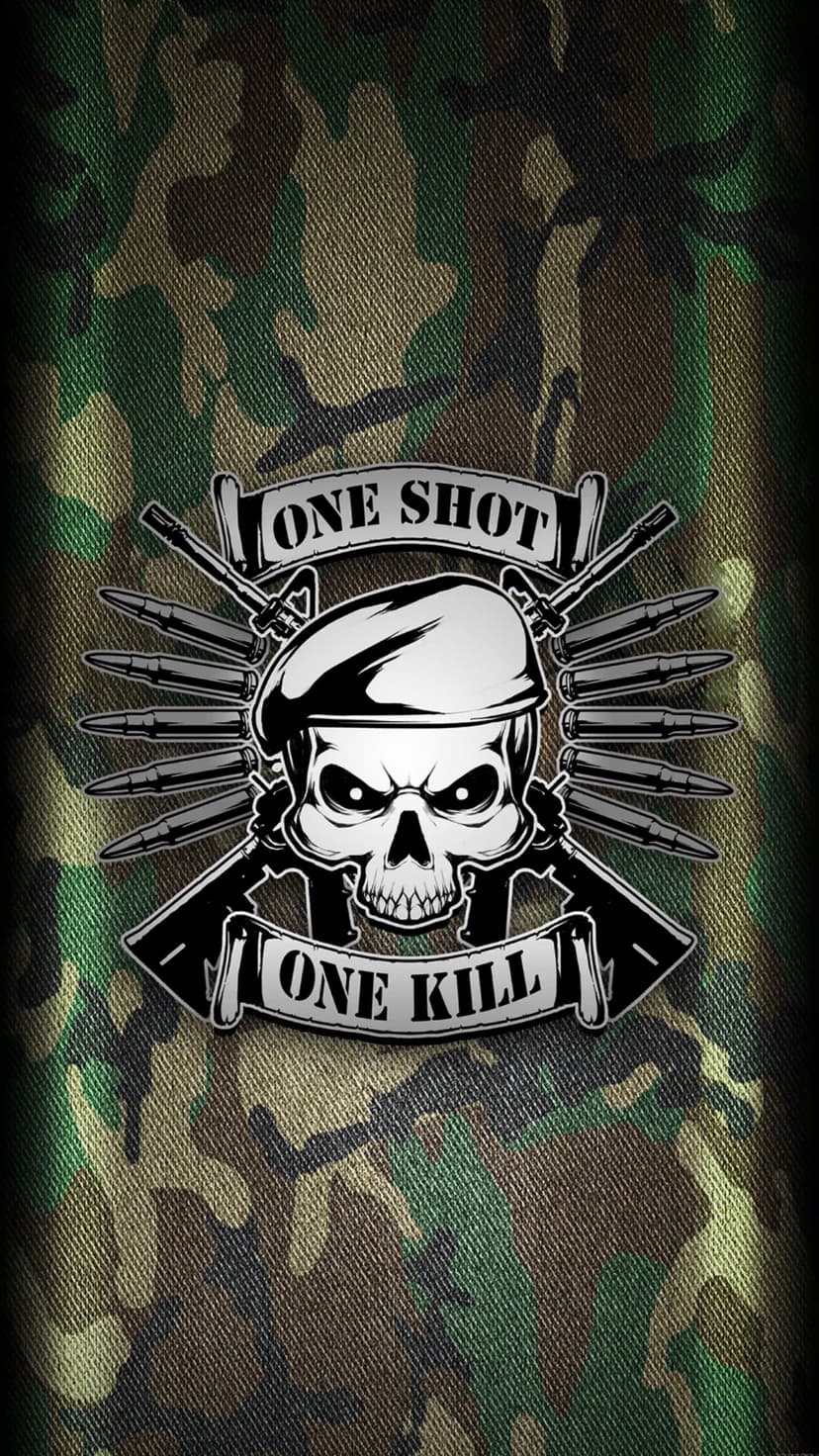 Skull wearing a black beret surrounded by bullets and rifles on a green and brown camouflage background pattern.