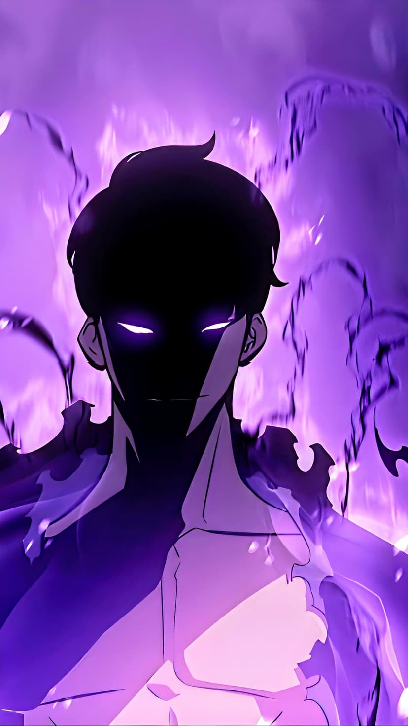 Sung Jinwoo with glowing purple eyes and dark smoke-like energy surrounding his face in a shadowed portrait.