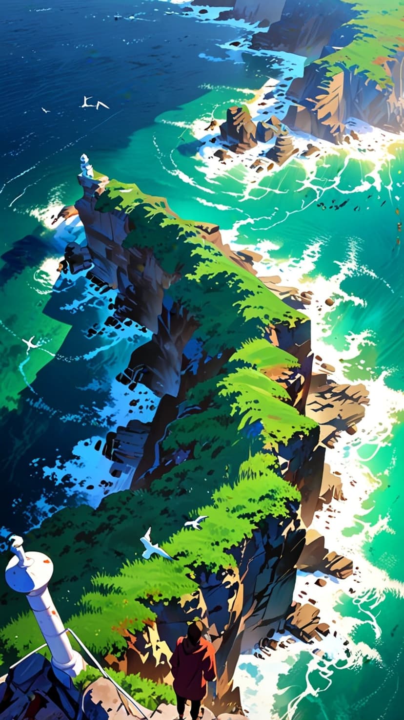 Lone person in a red jacket stands on a grassy cliff edge beside a white lighthouse overlooking turquoise waves.
