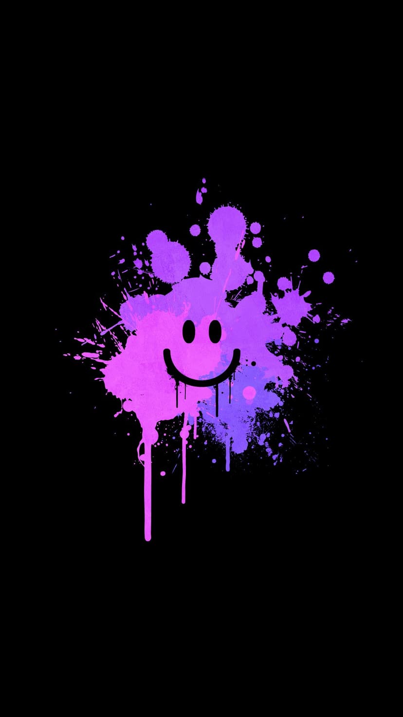 Pink and purple paint splatter smiley face with messy spray patterns and droplets on a solid black background.