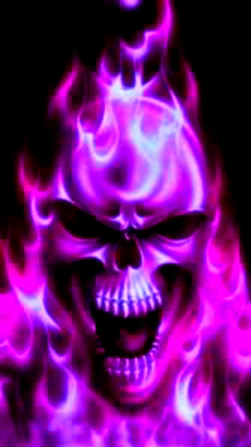 Human skull emitting vibrant purple flames and glowing energy trails against a solid black background.