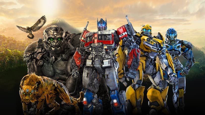 Transformers Rise of the Beasts mechanical robot standing in a debris-filled city with cinematic lighting.