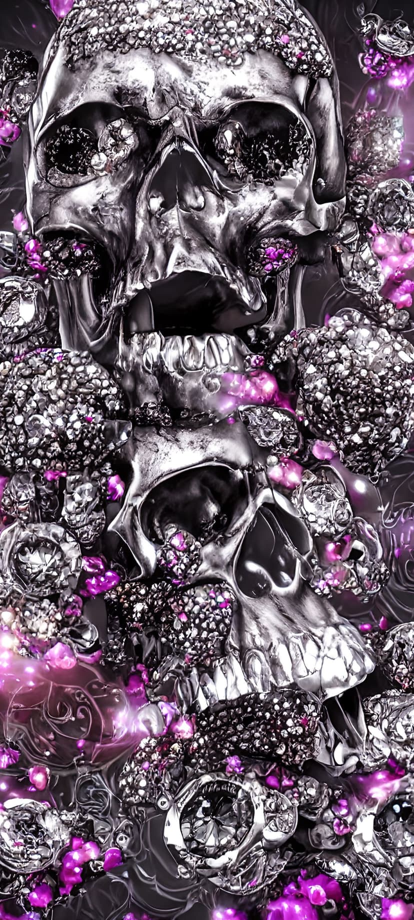Silver metallic skulls encrusted with faceted purple gemstones and intricate engravings in a dark fantasy setting.