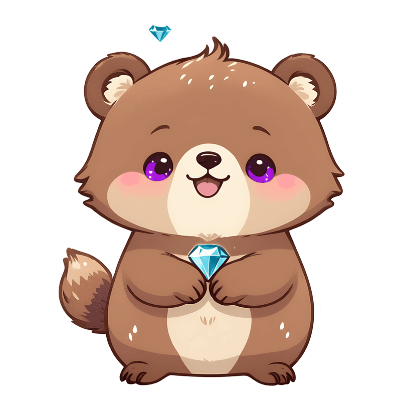 Brown bear sticker illustration featuring purple eyes and a blue diamond held against a black background.