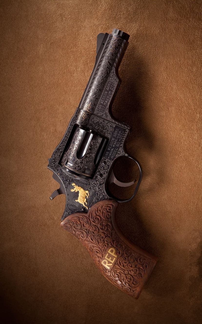 Ornate engraved revolver with silver scrollwork, a golden ram emblem, and carved wooden grips on a brown surface.
