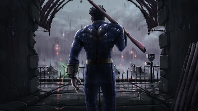 Muscular Vault 111 dweller in a blue suit with a rifle overlooking a rainy, ruined city with glowing embers.