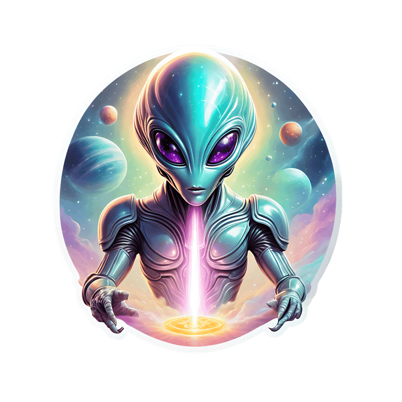 Extraterrestrial sticker features a metallic alien with purple eyes against a nebula background and planets.