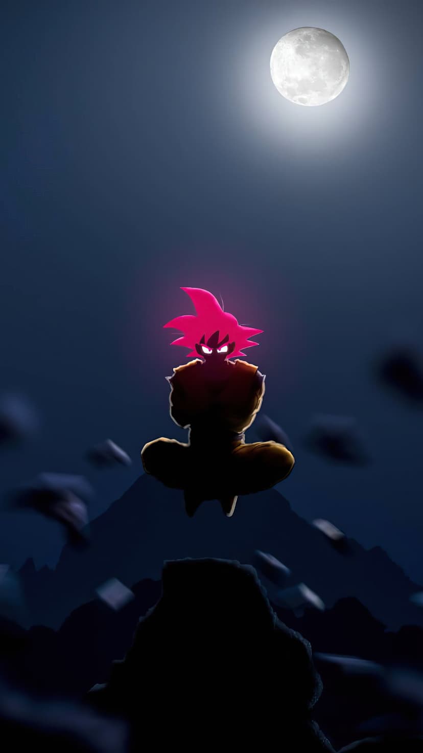 Goku floats in a meditative pose with glowing red hair and eyes against a dark sky and a bright full moon.