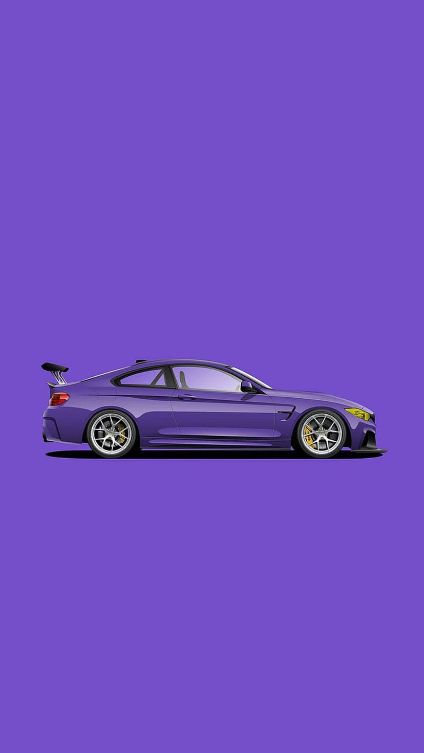 Purple sports car with a rear wing and silver wheels shown from the side on a solid violet background.