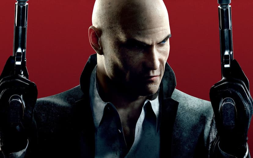 Agent 47 holding two suppressed pistols against a red backdrop in a high-contrast gaming scene.