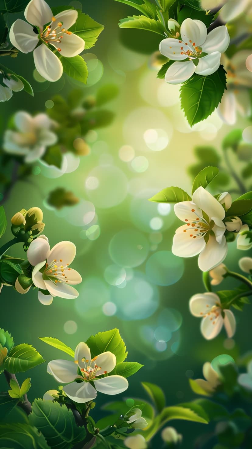White cherry blossoms with yellow centers and green leaves appear against a blurred lime green background.