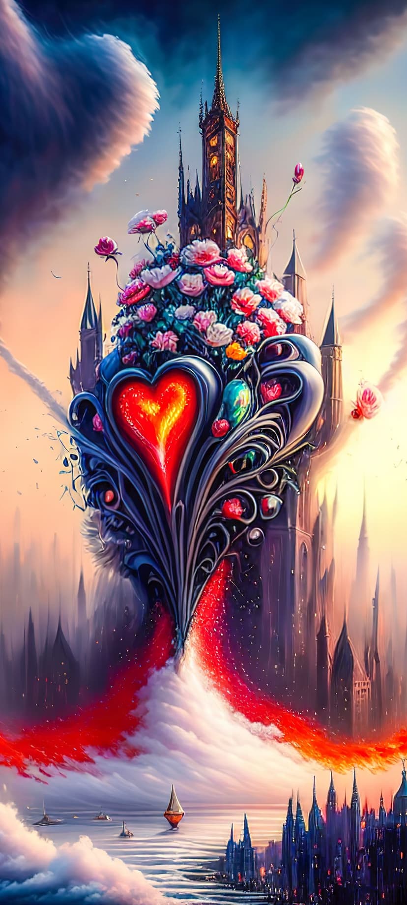Heart-shaped castle with red flowers above a blue harbor with sailboats and a distant city at sunset.