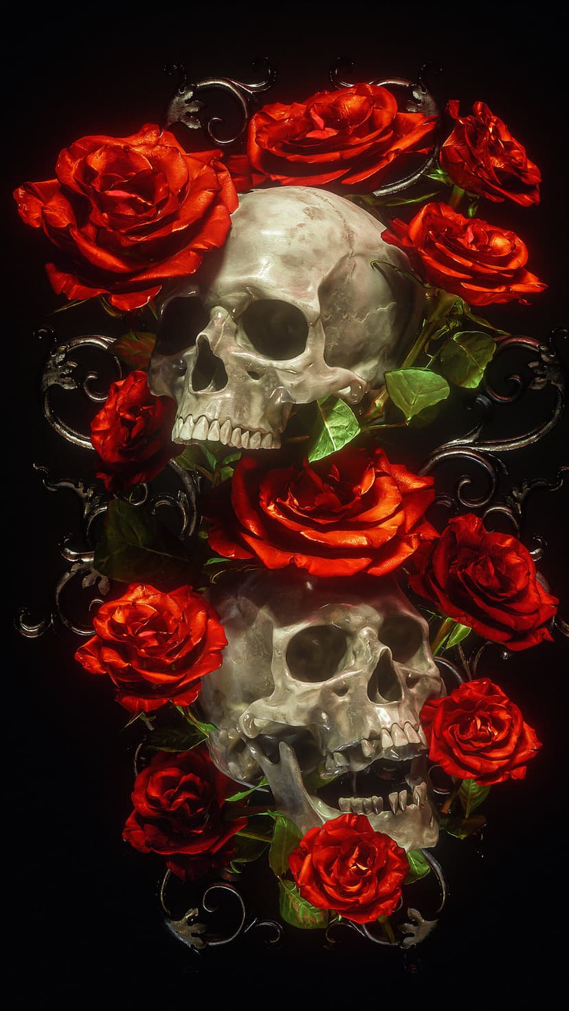 Two weathered human skulls intertwined with blooming red roses and black metal scrollwork in dim lighting.