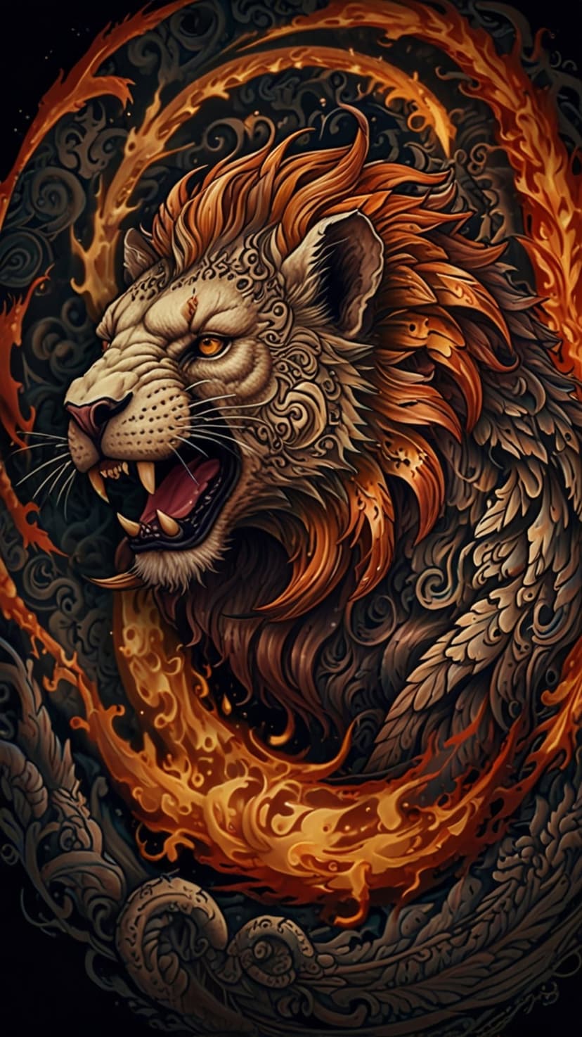 Roaring lion with an ornate tribal mane surrounded by glowing orange swirls and dark intricate patterns.