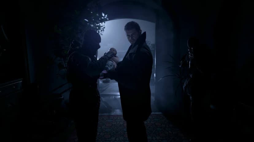 Chris Redfield holds a baby while tactical soldiers stand in a dark room with moody blue cinematic lighting.