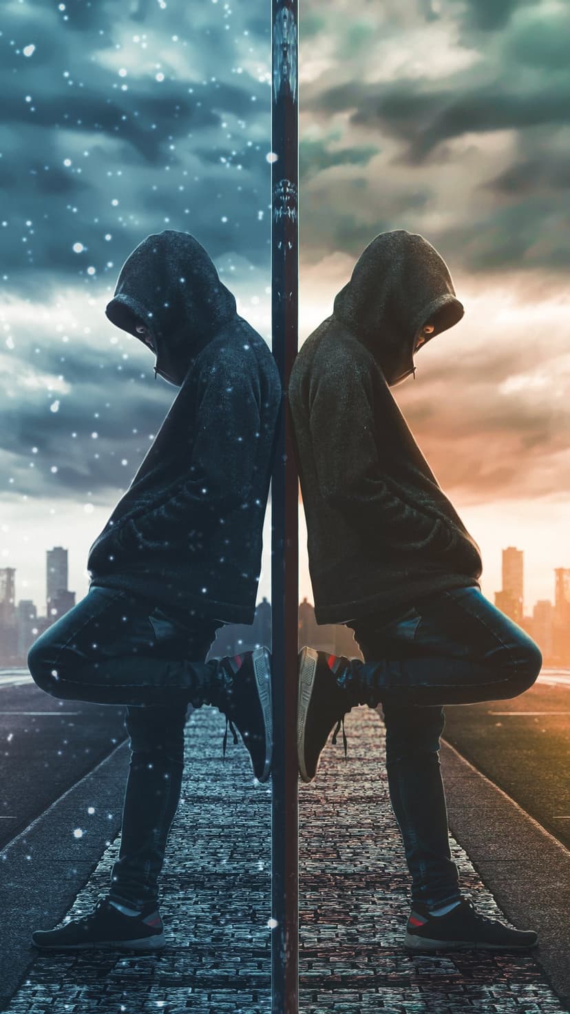 Two hooded figures lean back-to-back against a pole between a snowy blue city and a golden sunset skyline.