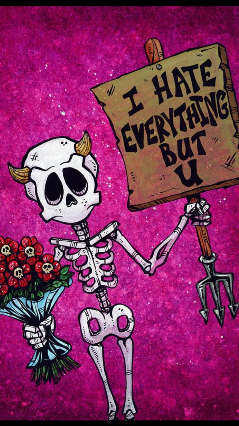 White skeleton with golden horns holds a bouquet of skull flowers and a sign on a textured pink background.