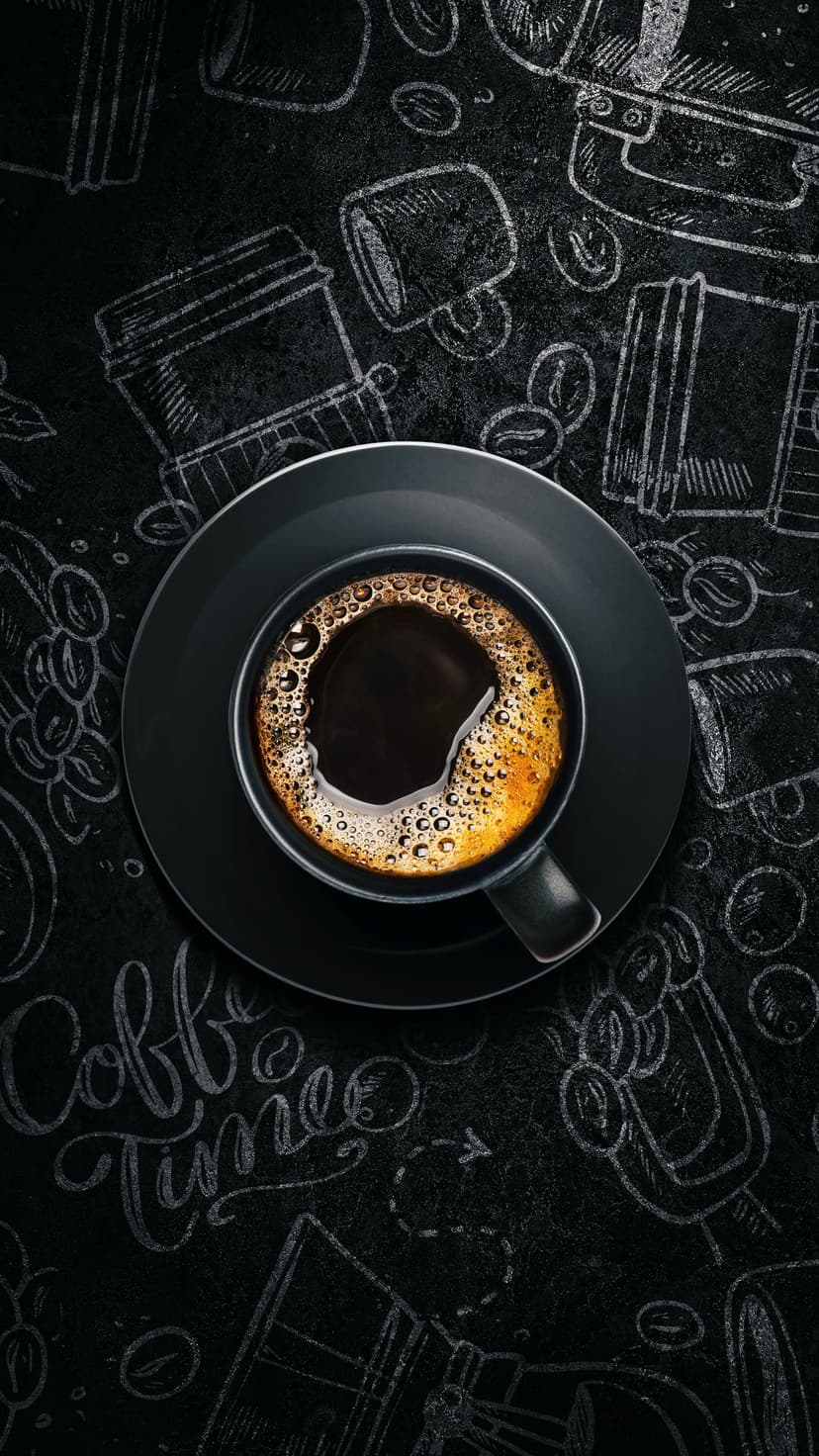 Black coffee mug with crema and rising steam resting on a saucer against a hand-drawn chalkboard background.