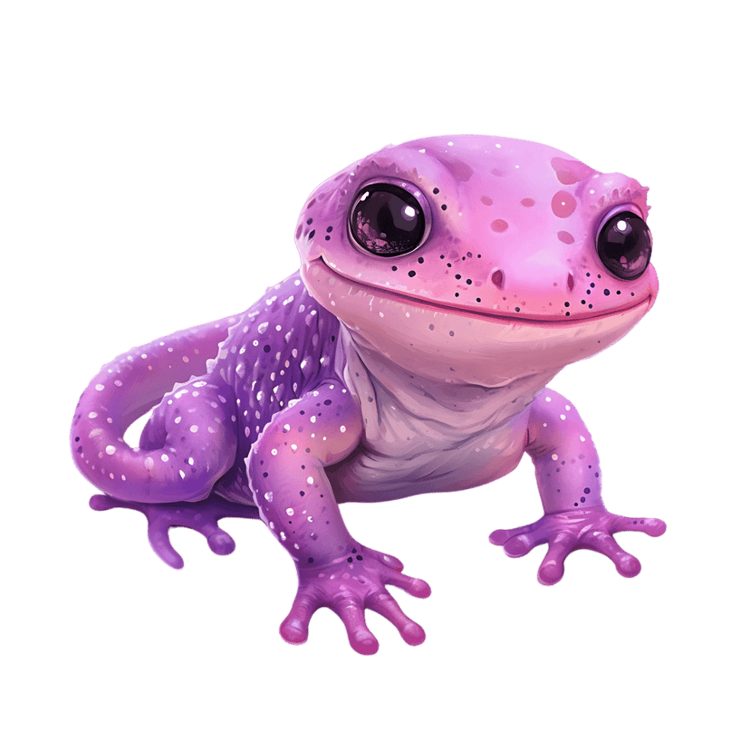 Pink purple spotted frog character with glossy skin and large black eyes sits in a front-facing studio pose.