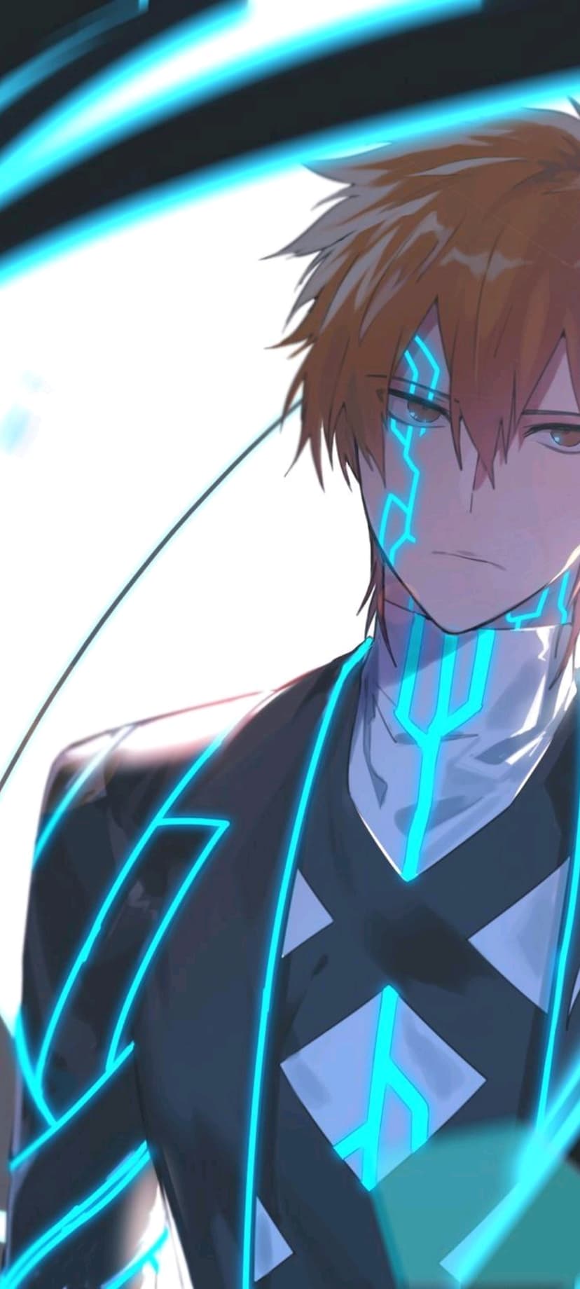 Young man with orange hair and glowing cyan circuit patterns on his face wearing a black suit on a white backdrop.