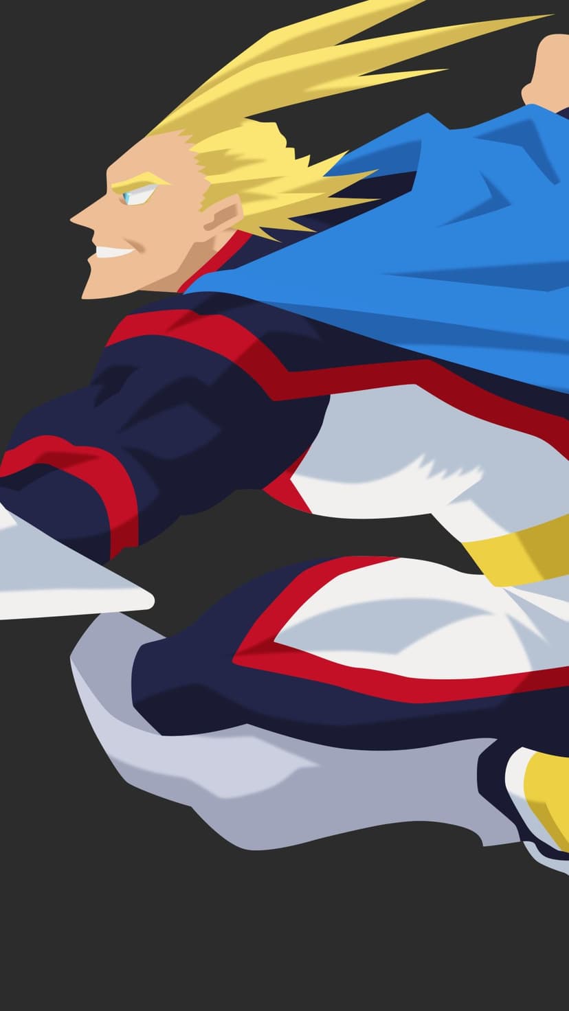 All Might dashes forward in a red and blue hero costume with a flowing cape against a plain black background.