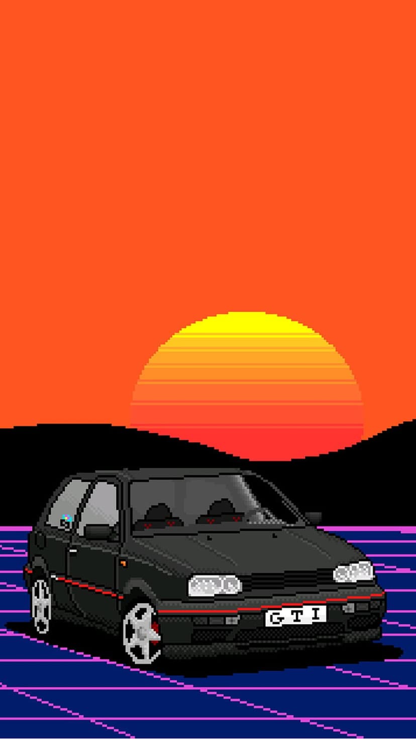 Black VW Golf GTI parked on a glowing purple neon grid against a large orange sunset with mountain silhouettes.