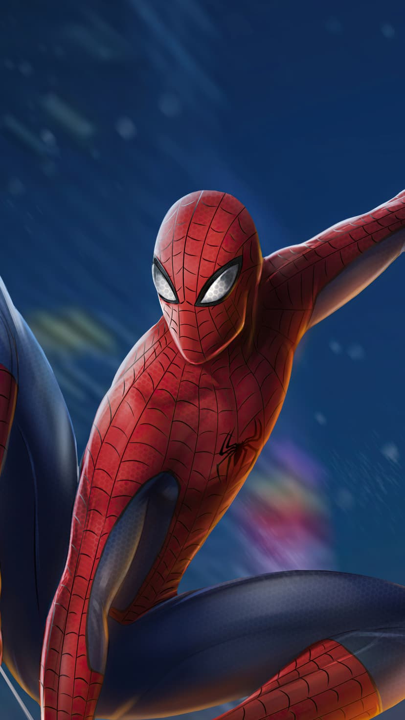 Spiderman swings through a dark blue sky, wearing his red and blue suit with visible black web patterns.