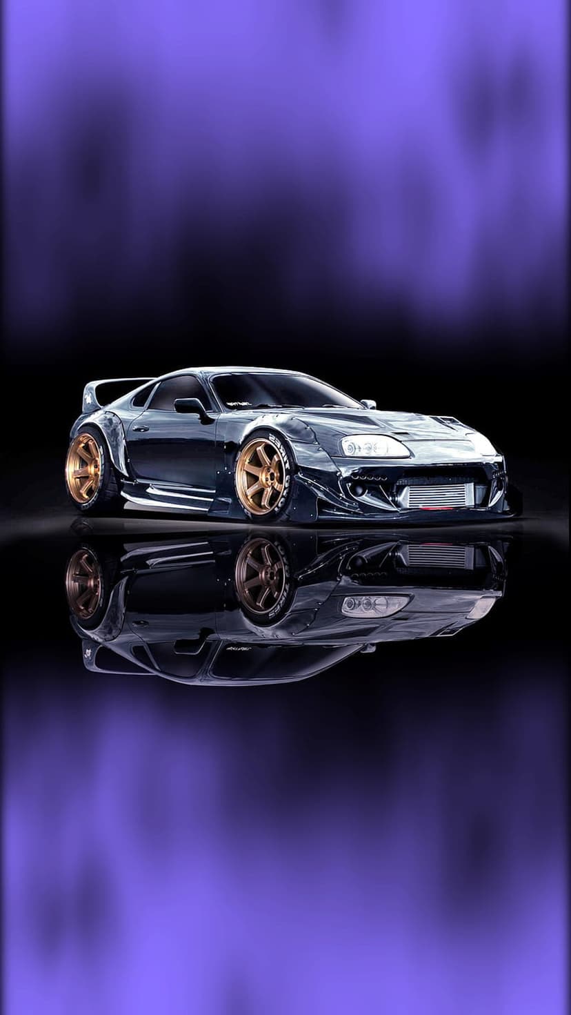 Toyota Supra with a widebody kit and gold rims reflected on a glossy surface against a vibrant purple background.