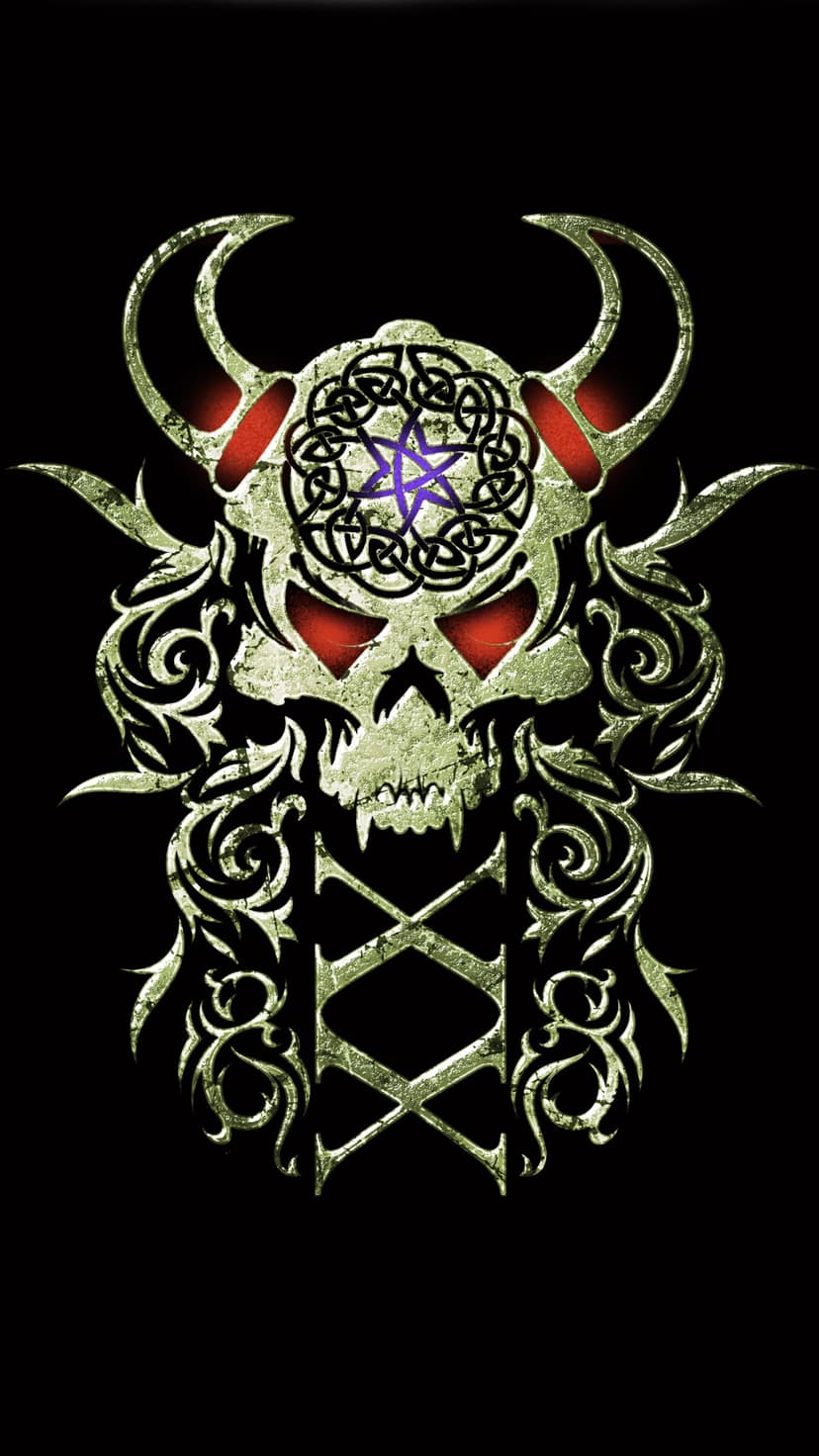Weathered Viking skull with glowing red eyes and a purple pentagram surrounded by intricate Celtic knotwork.